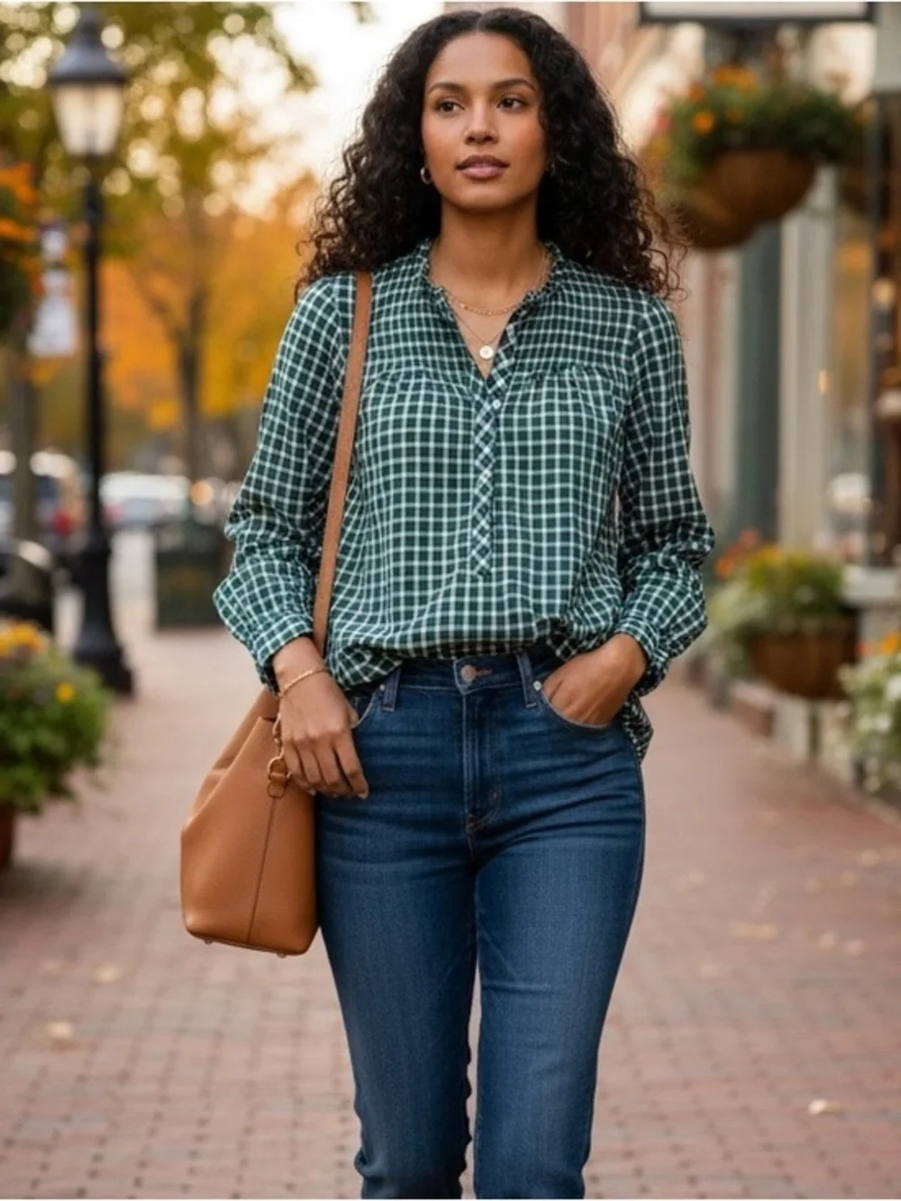 🍀 J.Crew Green Gingham Ruffle Neck Popover Blouse Size 6
